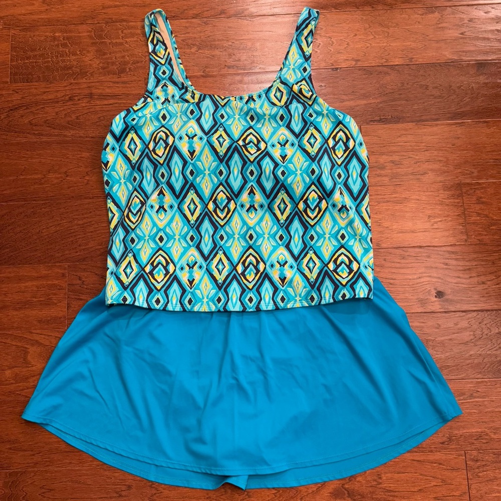 LL Bean Tankini Skirt Set Teal Ikat Swimsuit Plus Size 20W/22W